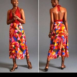 Anthropologie Farm Rio Satin floral orange pink blue slip midi skirt Small